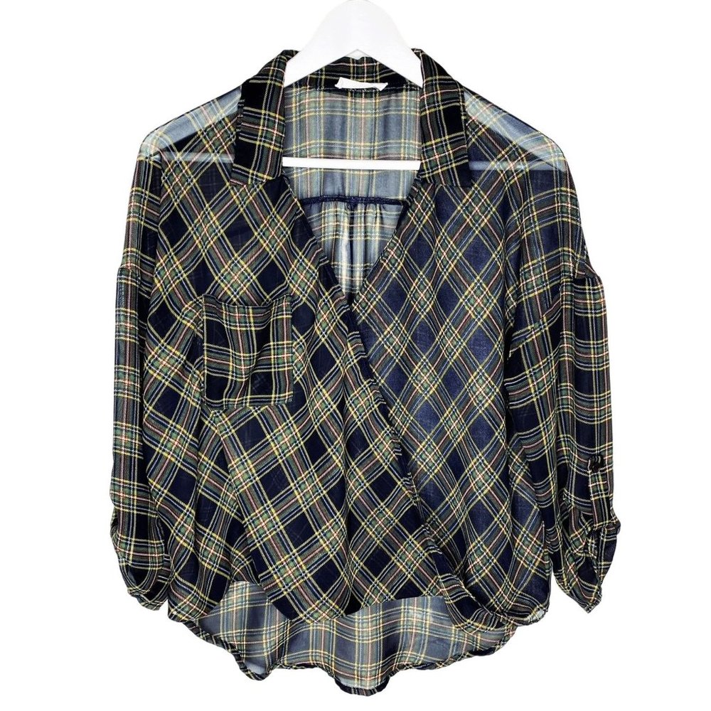 Lush Sheer Black Plaid Long Sleeve Surplice Blouse w/ High Low Hem, Size Medium